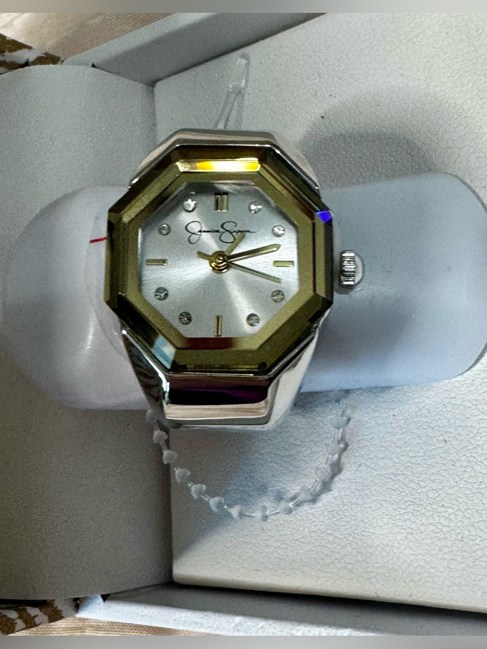 Jessica Simpson Silver and Gold Octagon Dial Women's Stretchable Ring Watch -